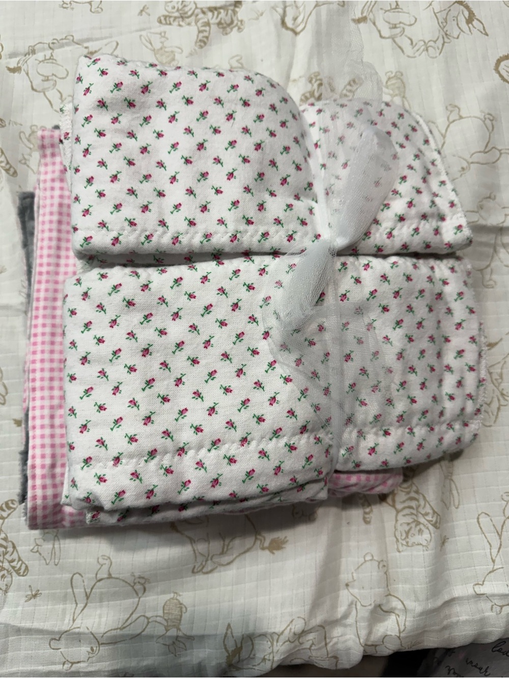Gingham pink blanket with floral burp pads and receiving blanket- Pink and White